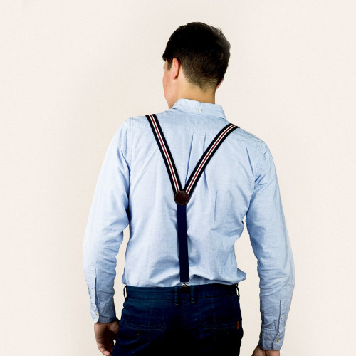 Thin clip-on men's braces / suspenders – Red with navy stripe